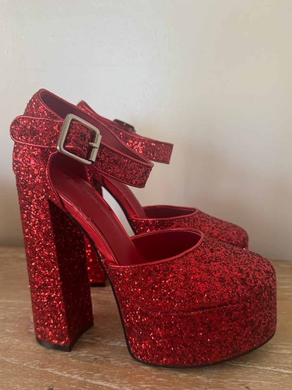Dolls Kill Red Glitter Platform Mary Jane Heels